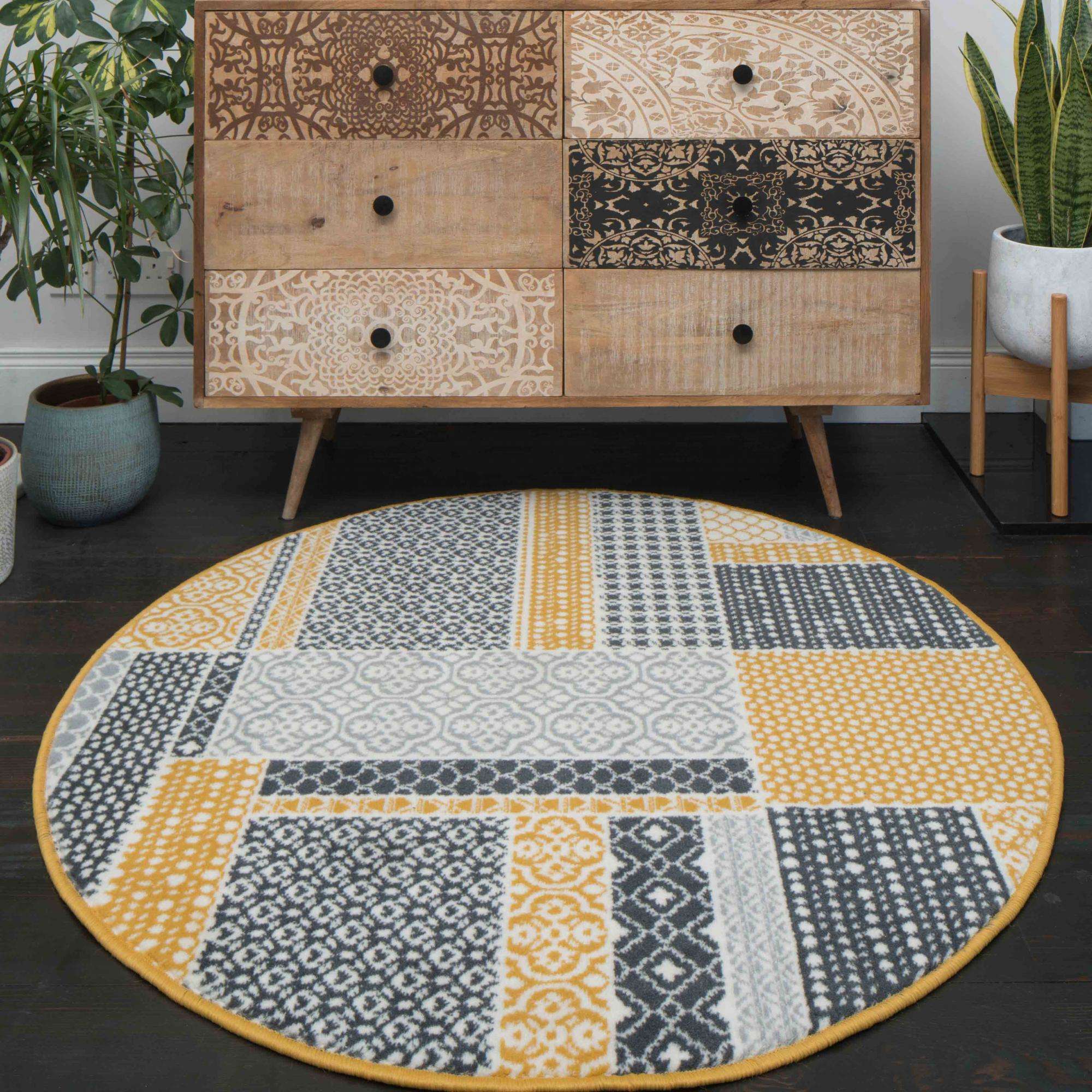 Ochre Grey Patchwork Rug