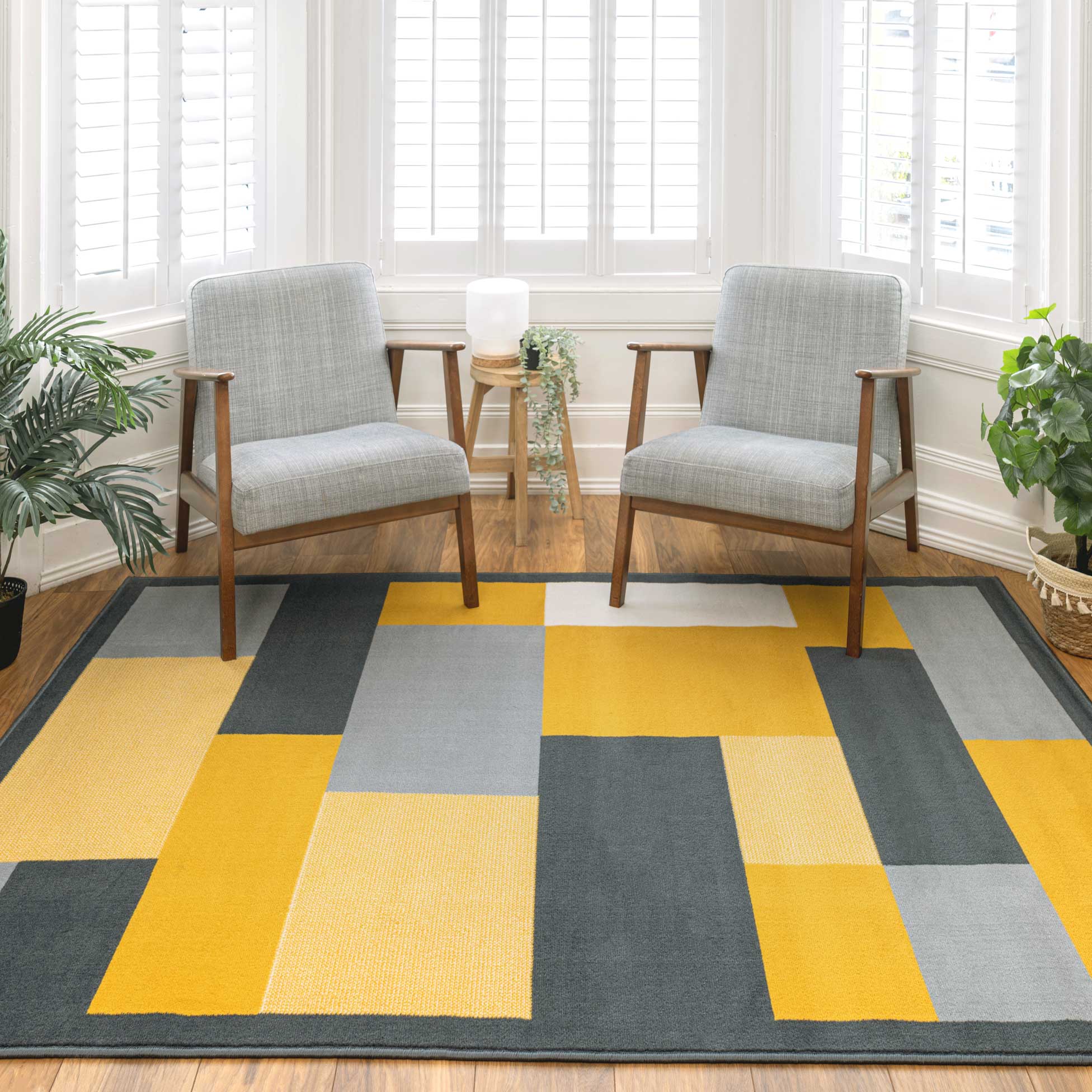 Yellow Grey Modern Geometric Bedroom Rugs