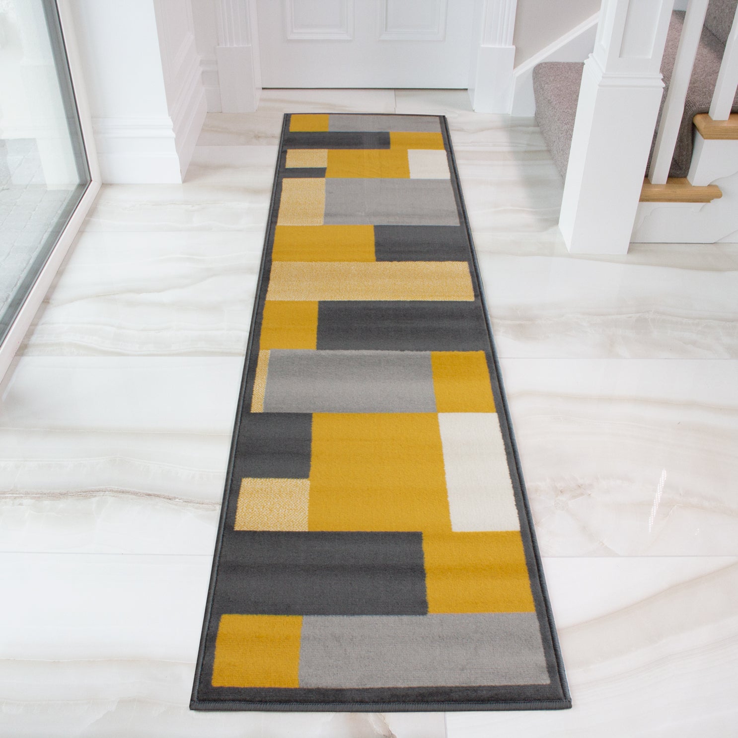 Yellow Grey Modern Geometric Bedroom Rugs