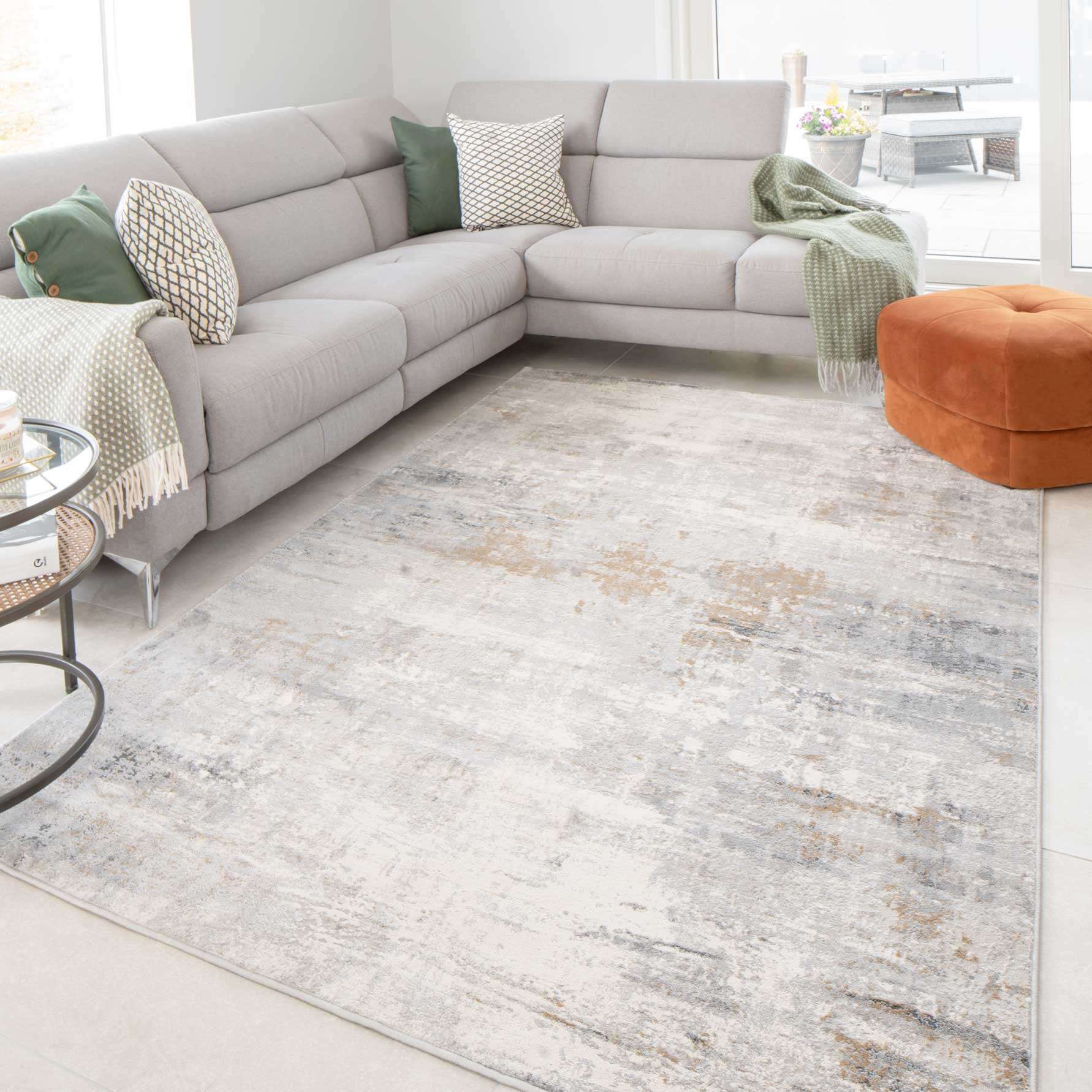 Modern Soft Grey Gold Distressed Abstract Living Room Rug