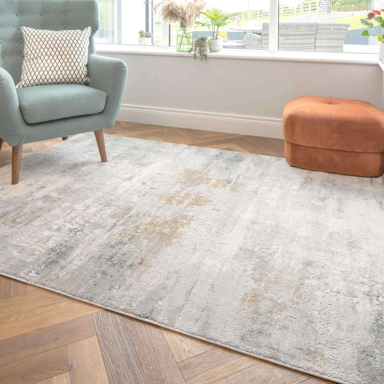 Modern Soft Grey Gold Distressed Abstract Living Room Rug