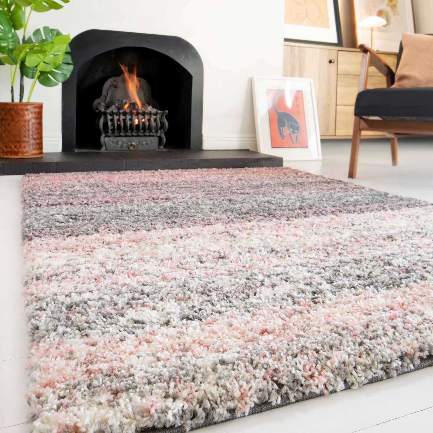 Blush Pink Stripe Shaggy Rug - Murano | Living Room Rugs | Kukoon Rugs ...