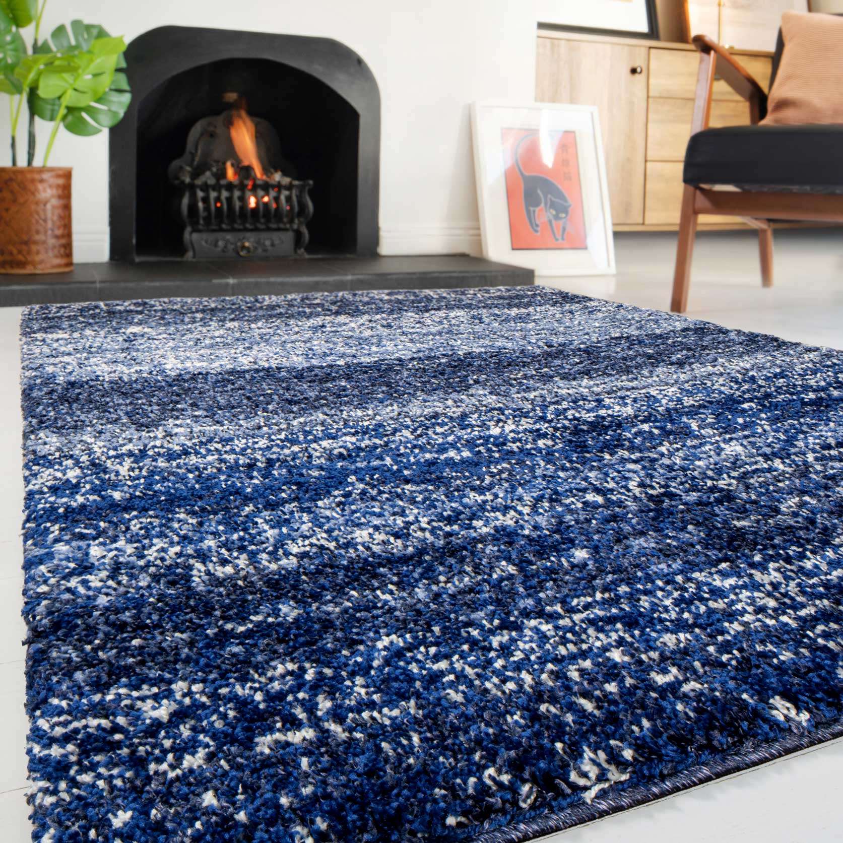 Navy Mottled Striped Shaggy Living Room Rug