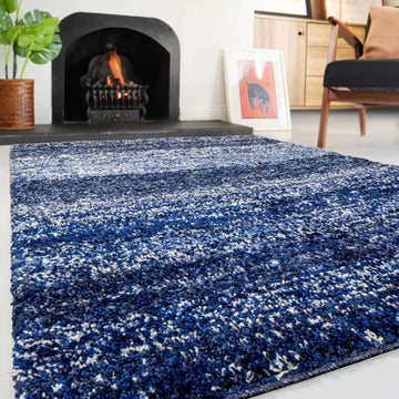 Navy Mottled Striped Shaggy Living Room Rug