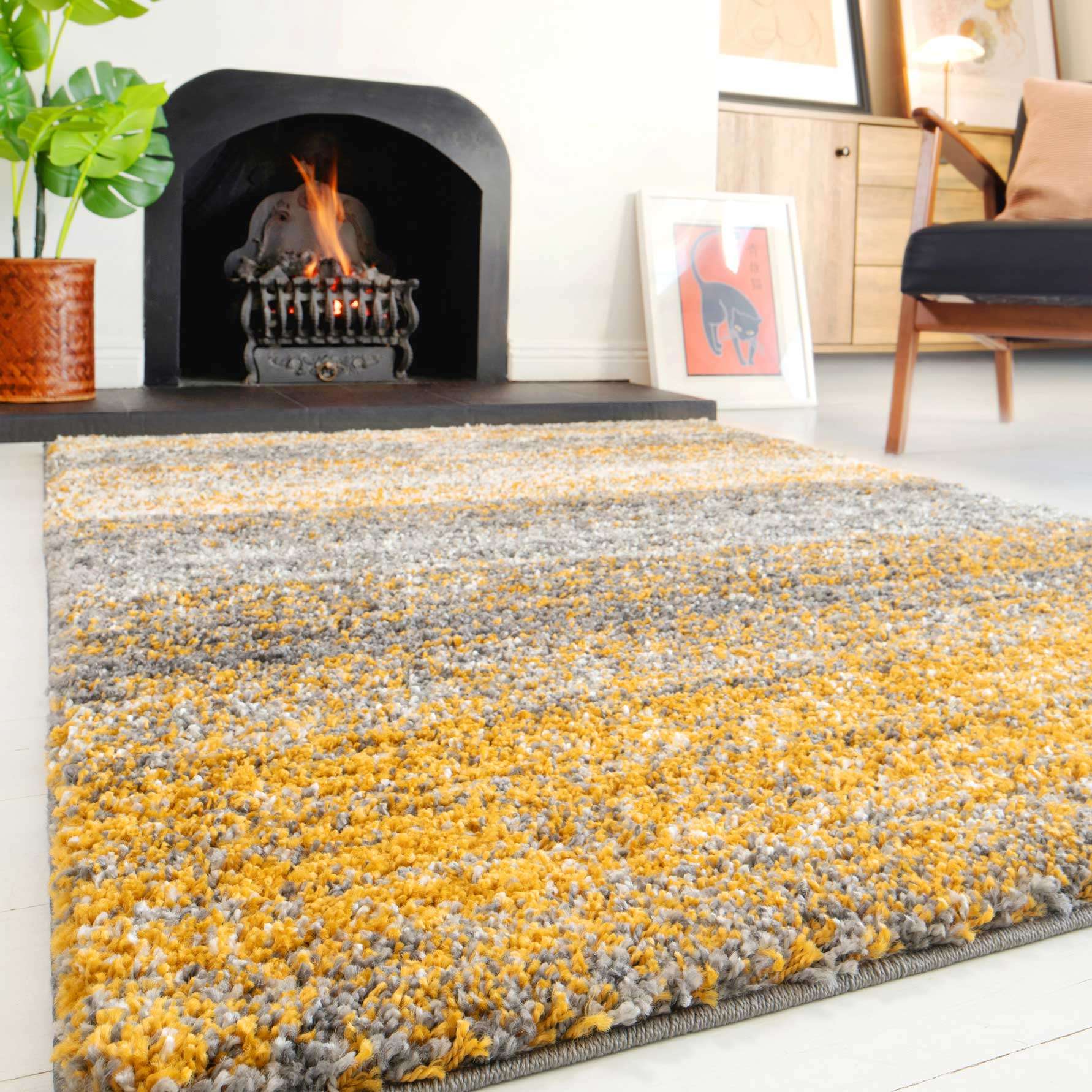 Premium Cosy Ochre Striped Shaggy Rug - Murano | Living Room Rugs ...