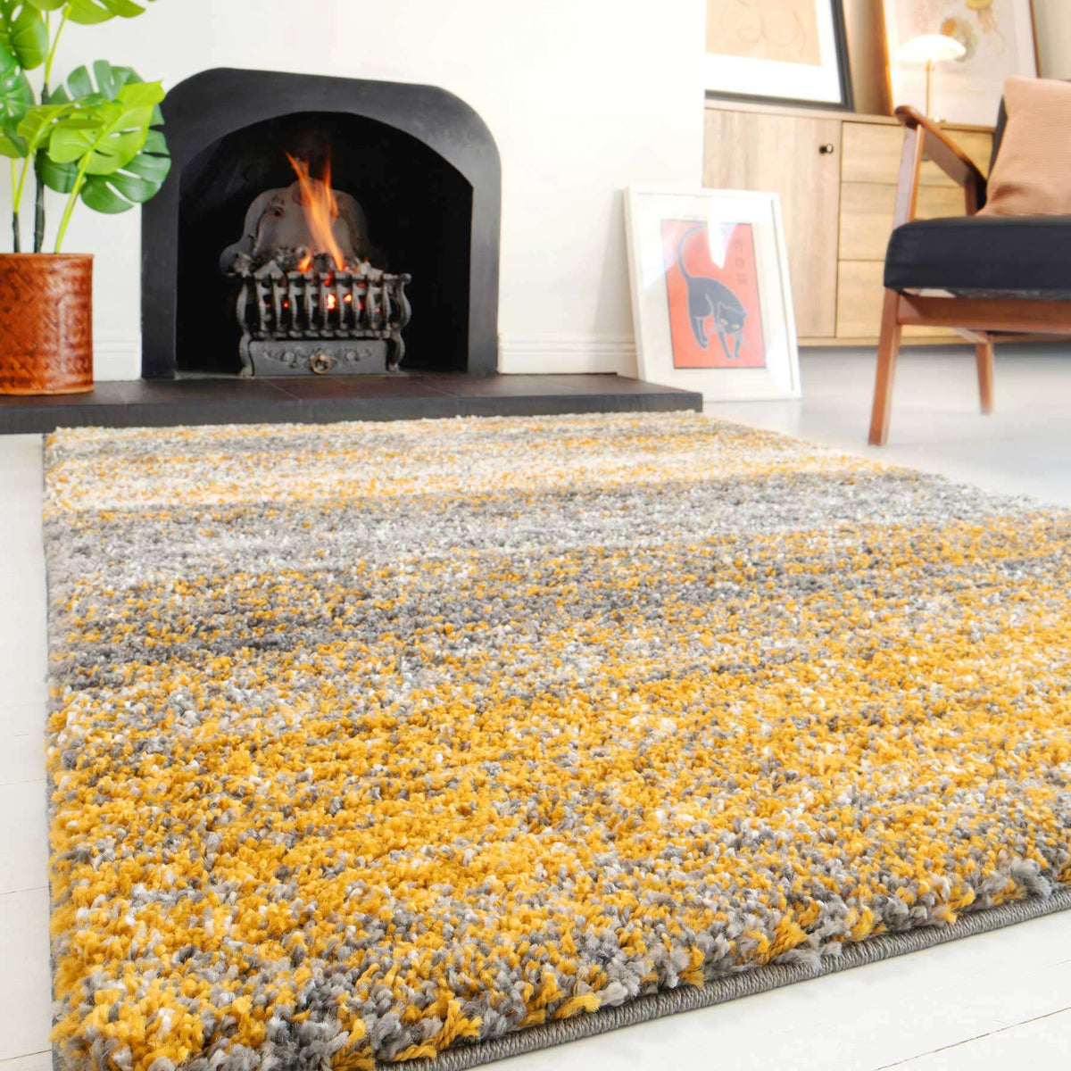 Murano Rugs Premium Cosy Ochre Striped Shaggy Rug - Murano | Living Room Rugs ...