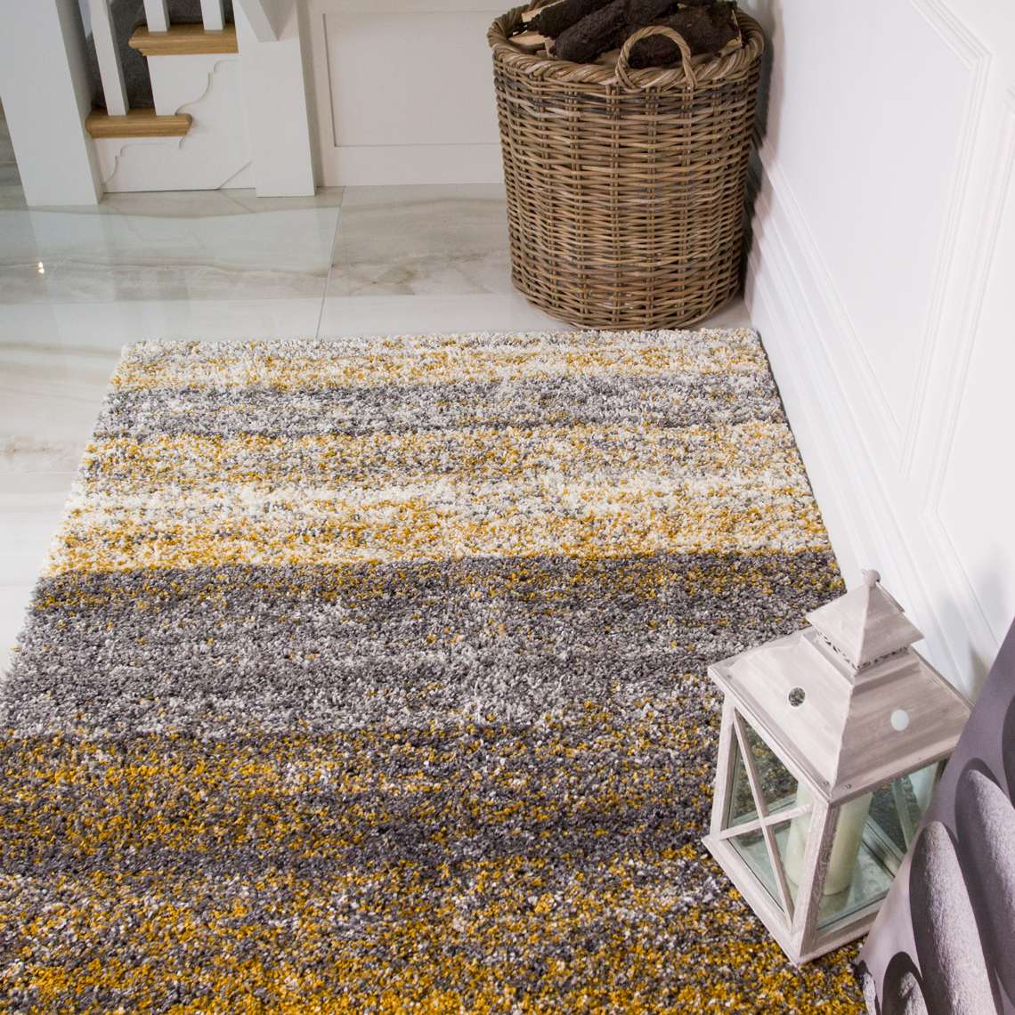 Premium Cosy Ochre Striped Shaggy Rug - Murano | Living Room Rugs ...