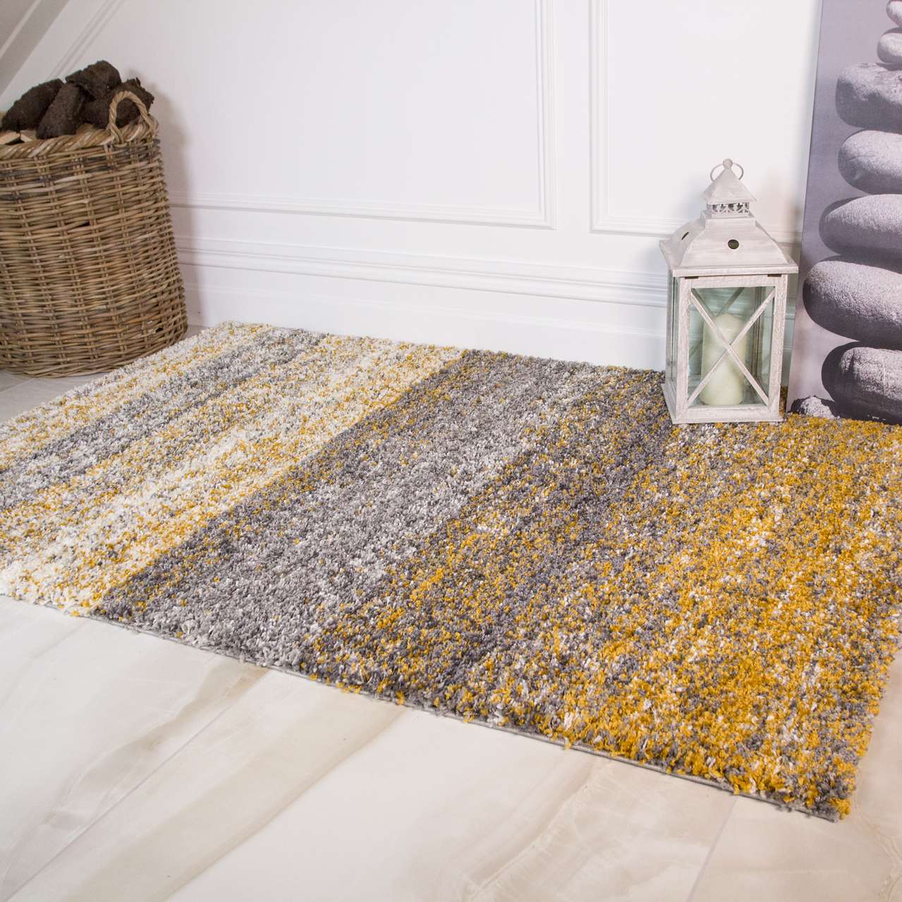Premium Cosy Ochre Striped Shaggy Rug