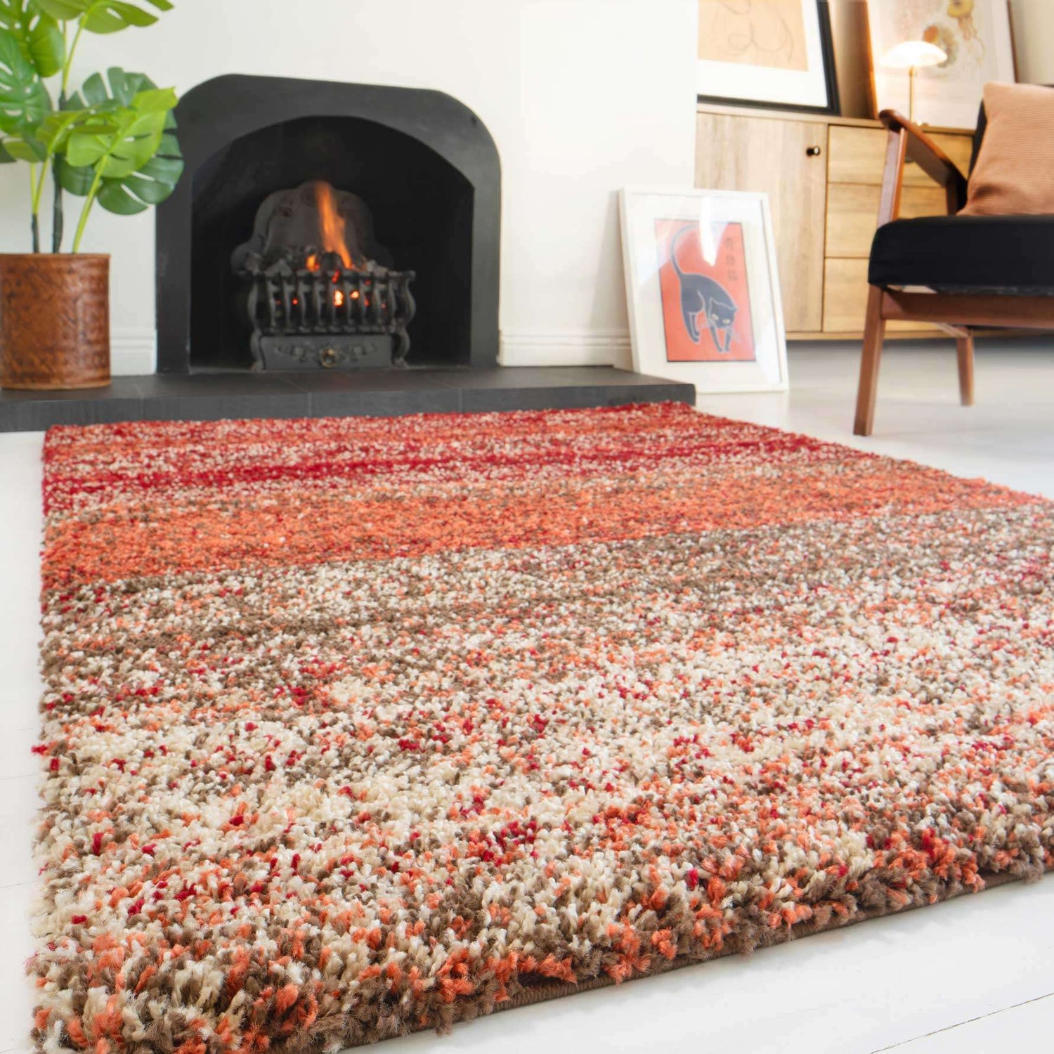 Burnt Orange Mottled Striped Shaggy Living Room Rug - Murano | Living ...