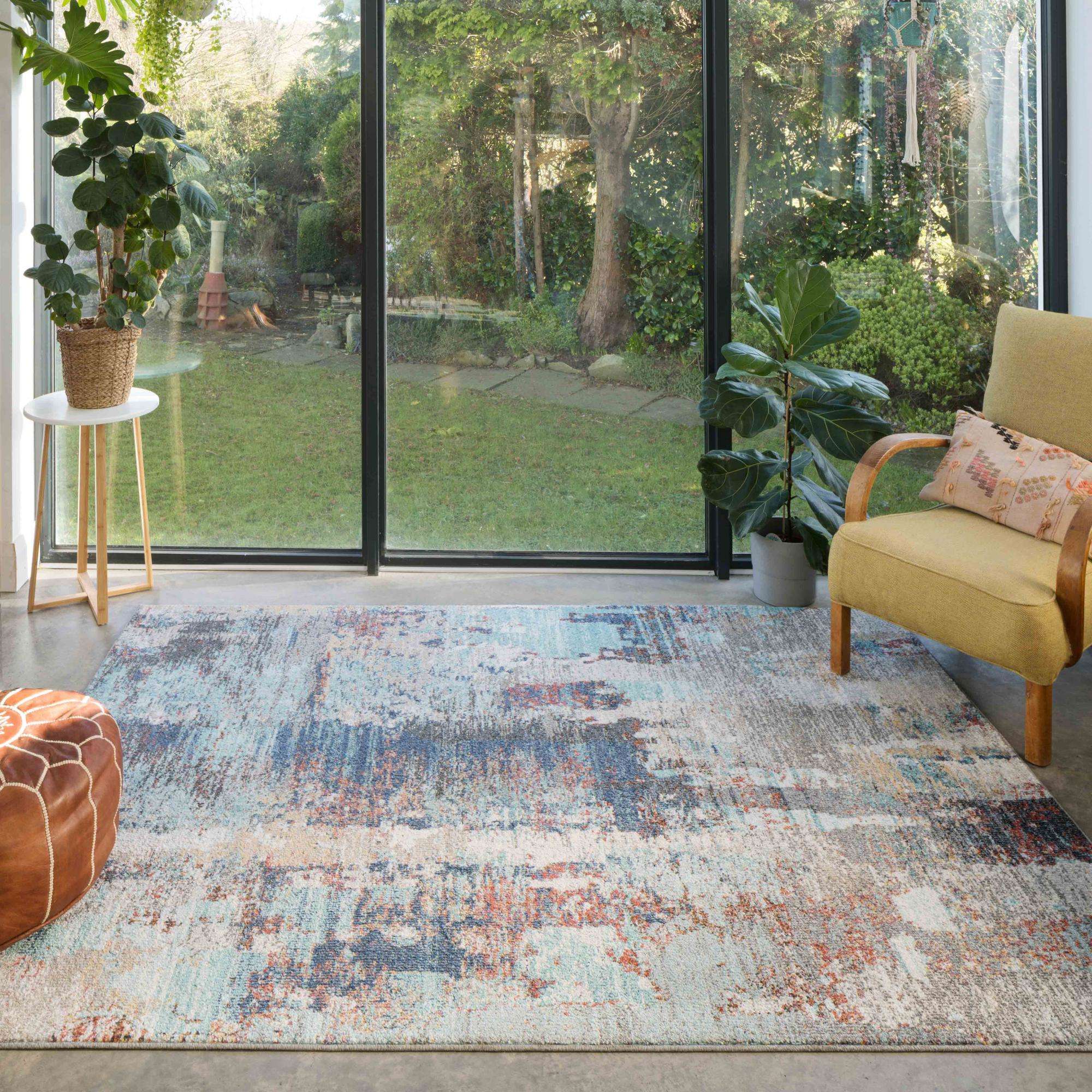 Soft Abstract Distressed Blue Living Room Rug