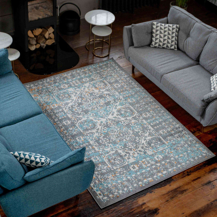 Faded Distressed Light Blue Grey Oriental Pattern Rug