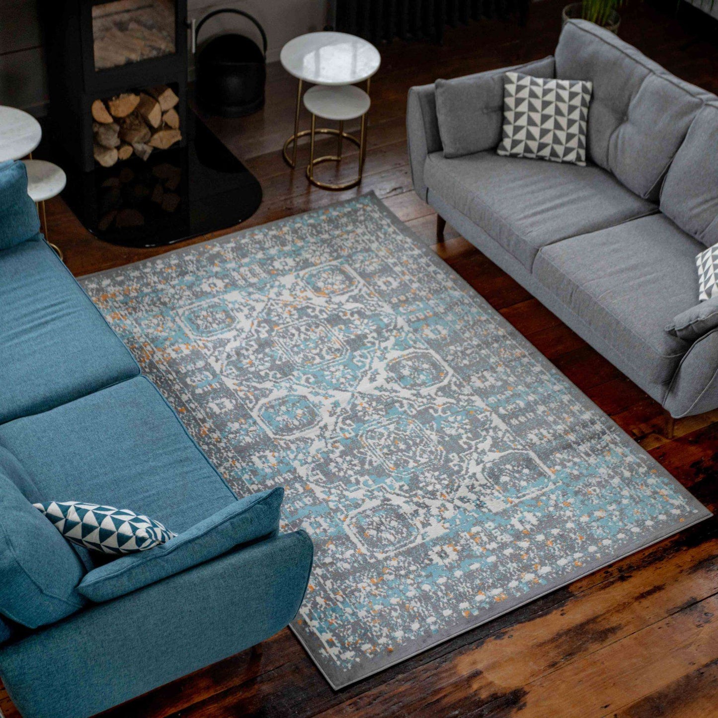 Faded Distressed Light Blue Grey Oriental Pattern Rug | Living Room ...