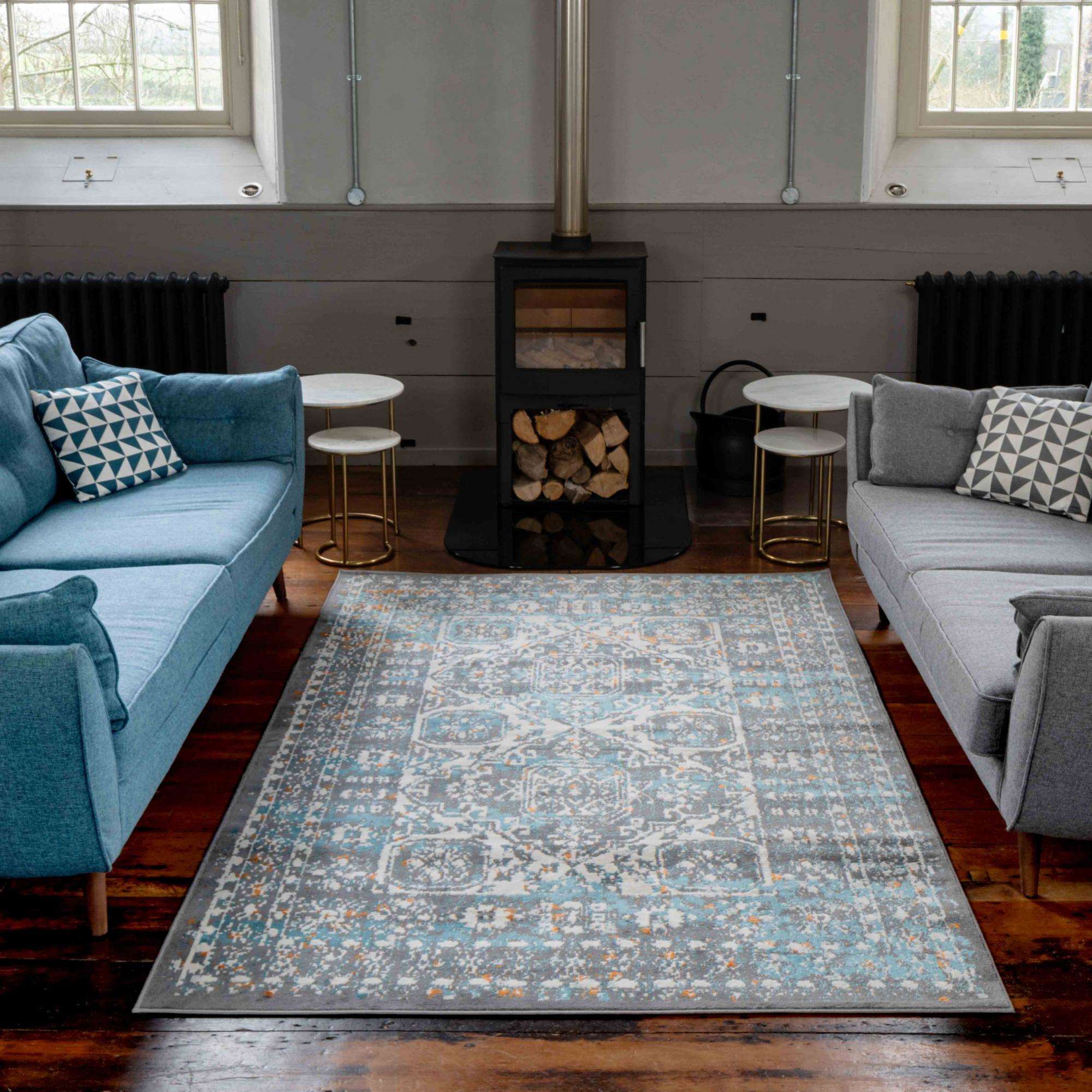 Faded Distressed Light Blue Grey Oriental Pattern Rug