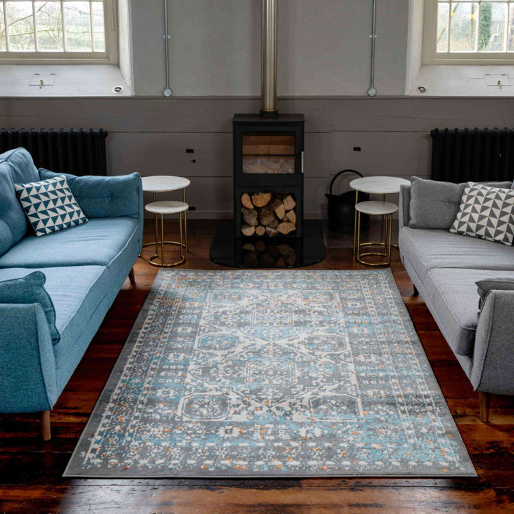 Faded Distressed Light Blue Grey Oriental Pattern Rug