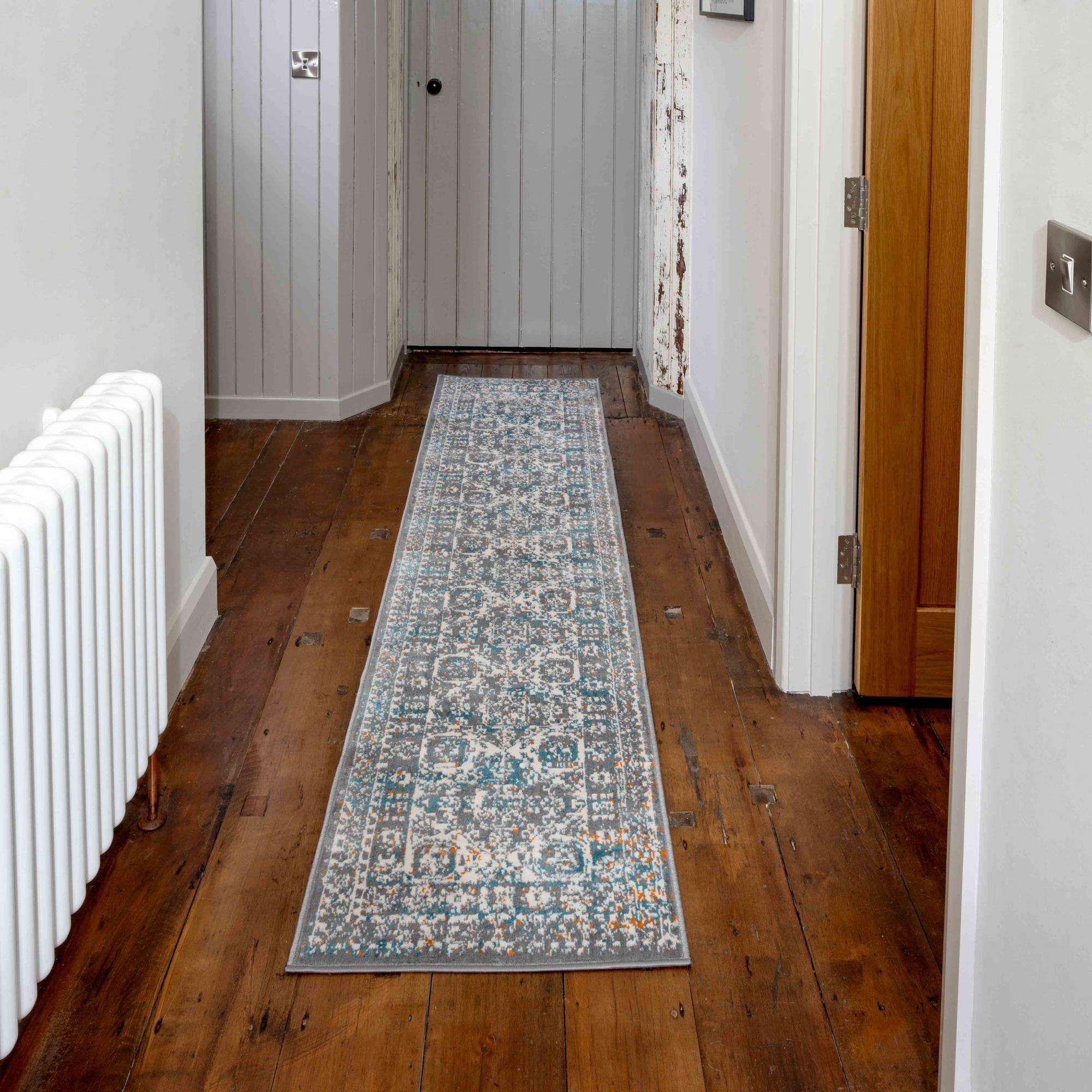 Faded Distressed Light Blue Grey Oriental Pattern Rug