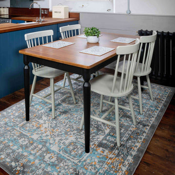 Faded Distressed Light Blue Grey Oriental Pattern Rug