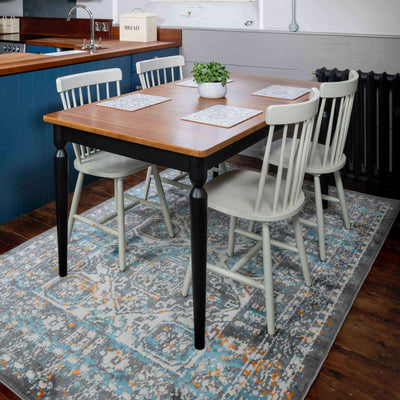 Faded Distressed Light Blue Grey Oriental Pattern Rug