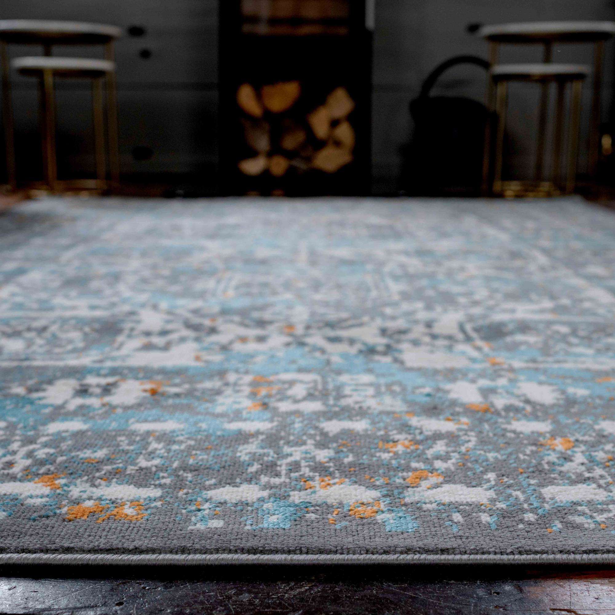 Faded Distressed Light Blue Grey Oriental Pattern Rug