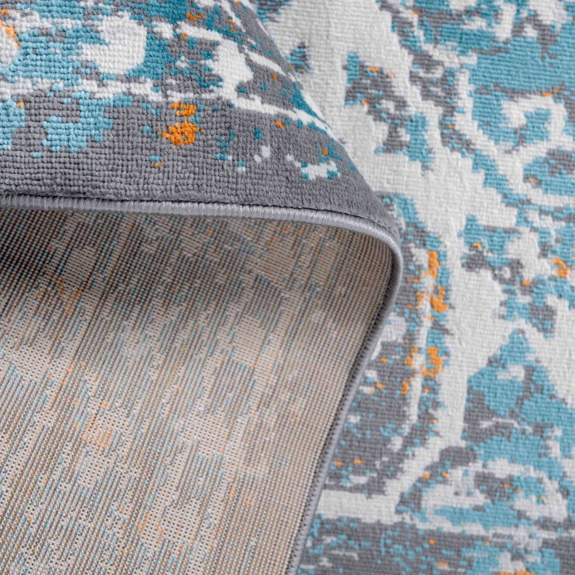 Faded Distressed Light Blue Grey Oriental Pattern Rug