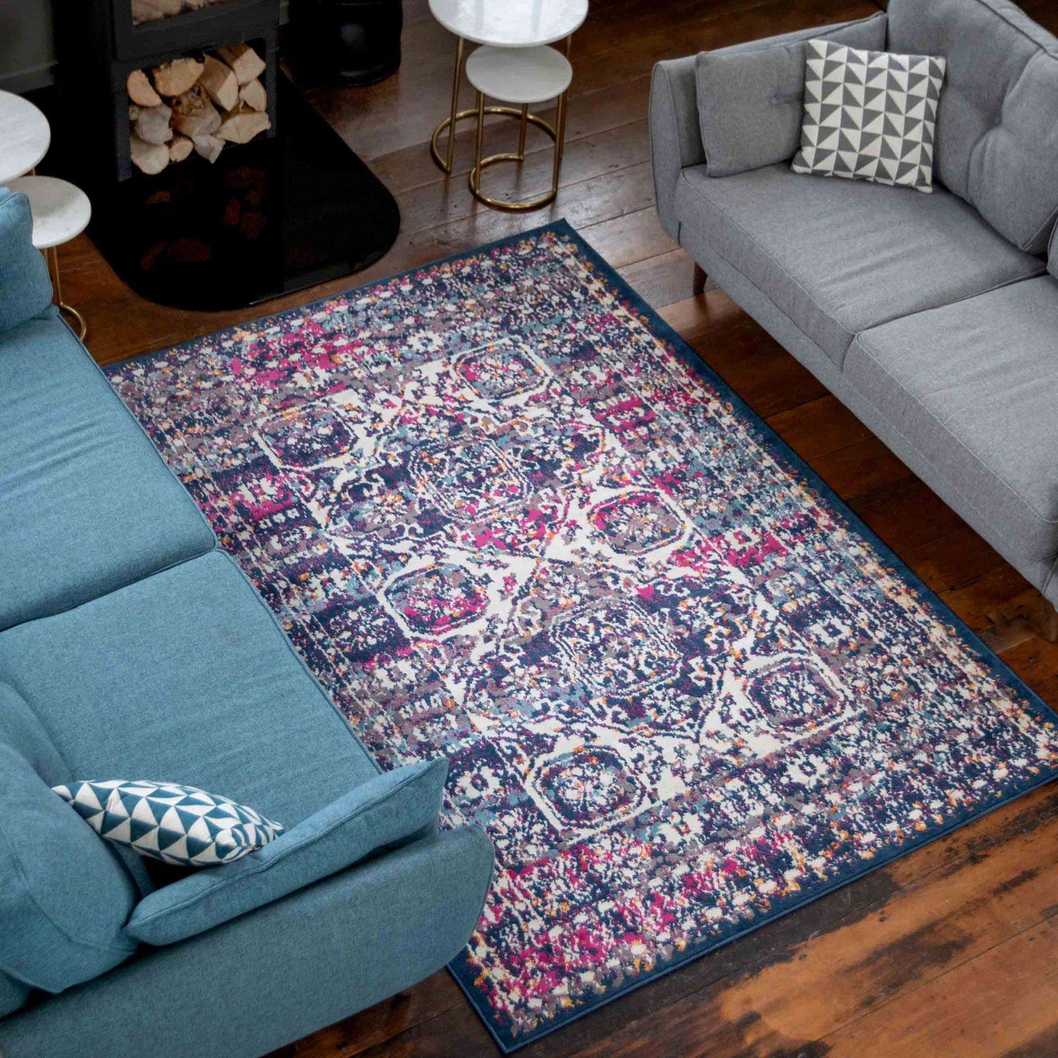 Faded Distressed Navy Pink Oriental Pattern Rug