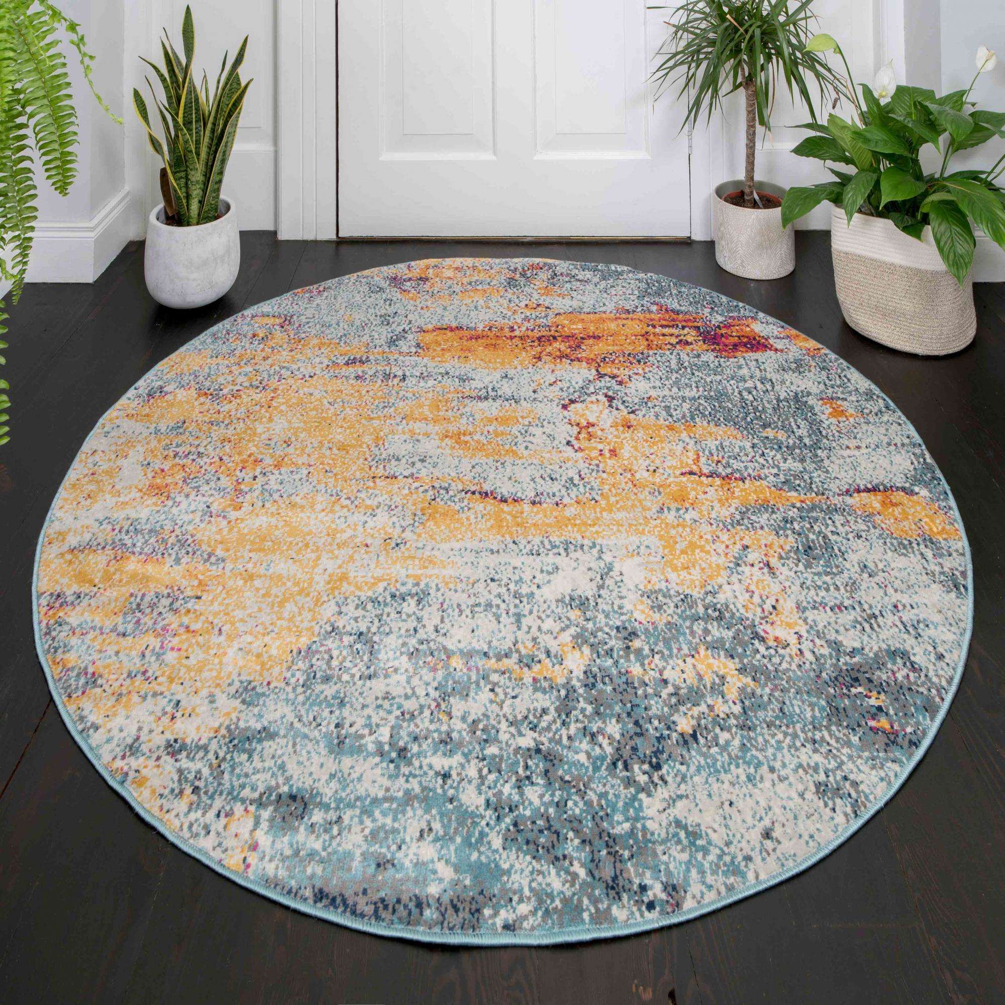 Round Circle Gold Blue Distressed Living Room Rug