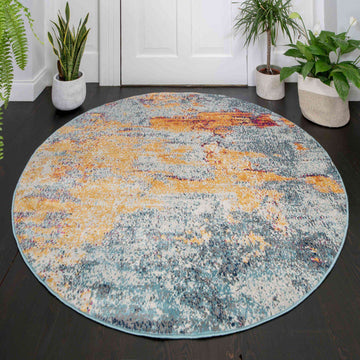 Round Circle Gold Blue Distressed Living Room Rug