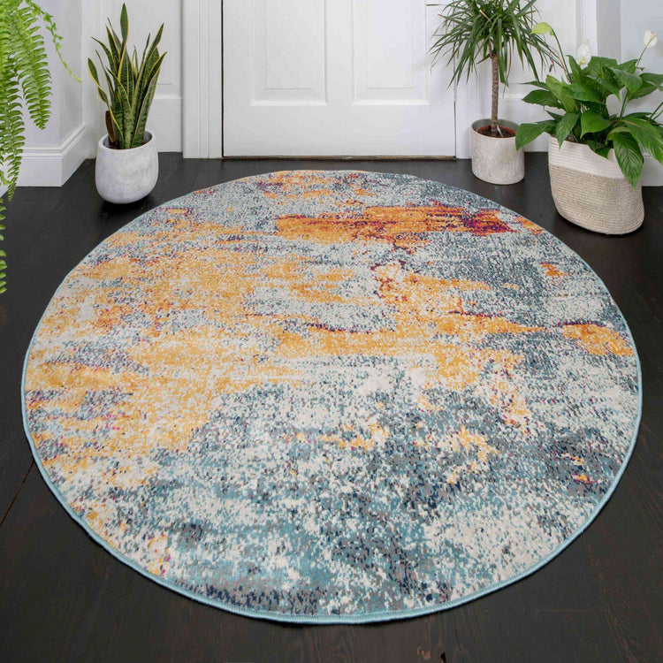 Round Circle Gold Blue Distressed Living Room Rug