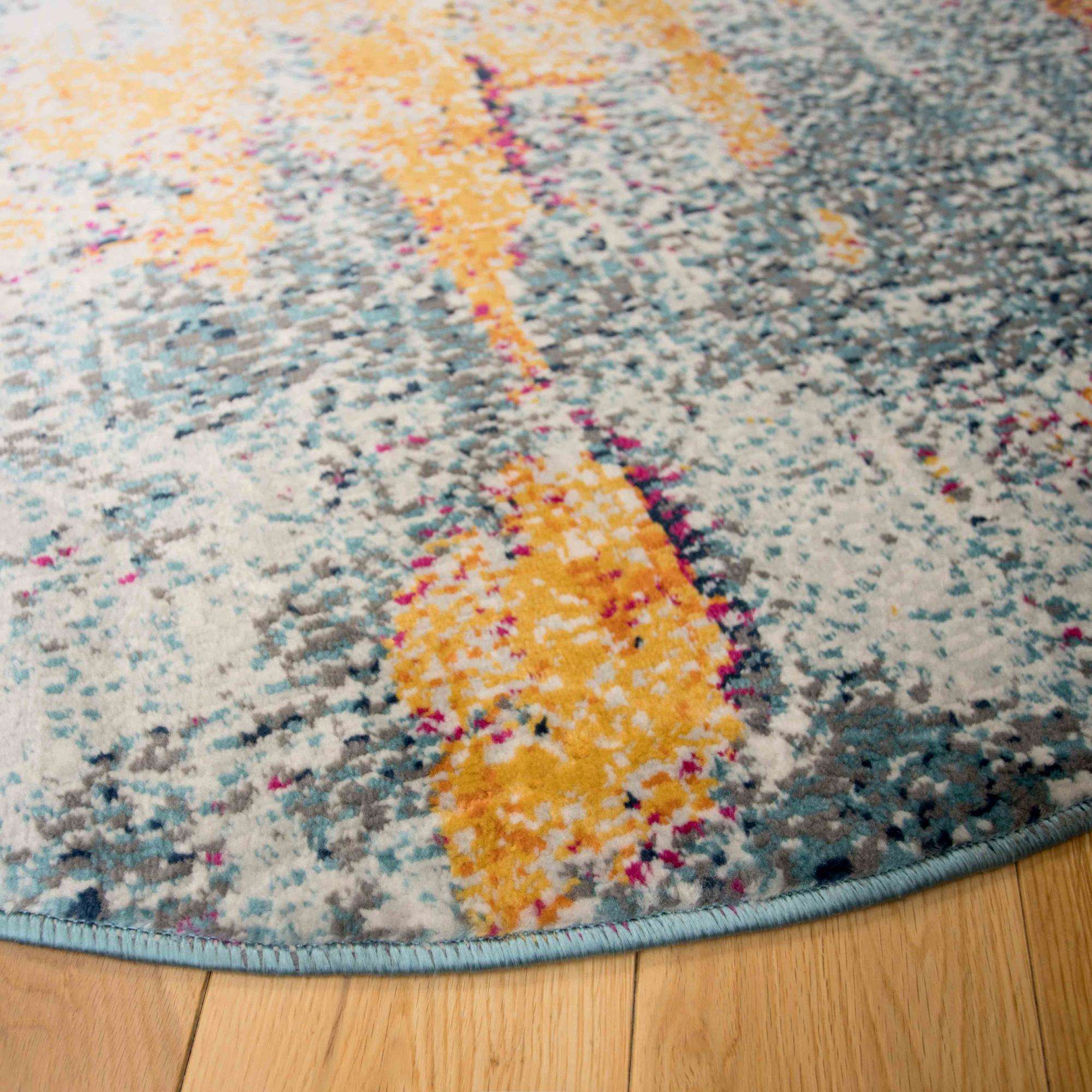 Round Circle Gold Blue Distressed Living Room Rug