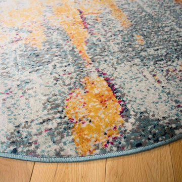 Round Circle Gold Blue Distressed Living Room Rug