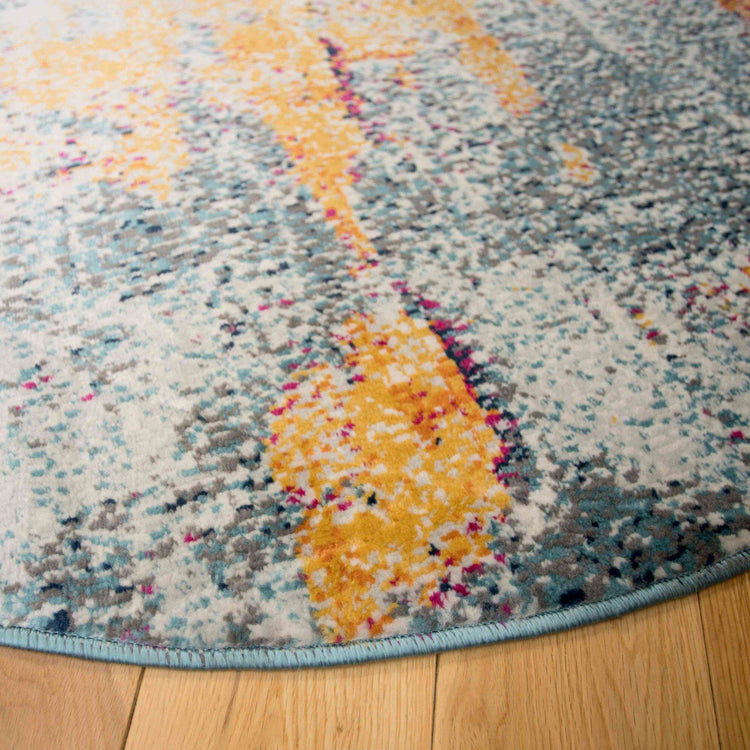 Round Circle Gold Blue Distressed Living Room Rug