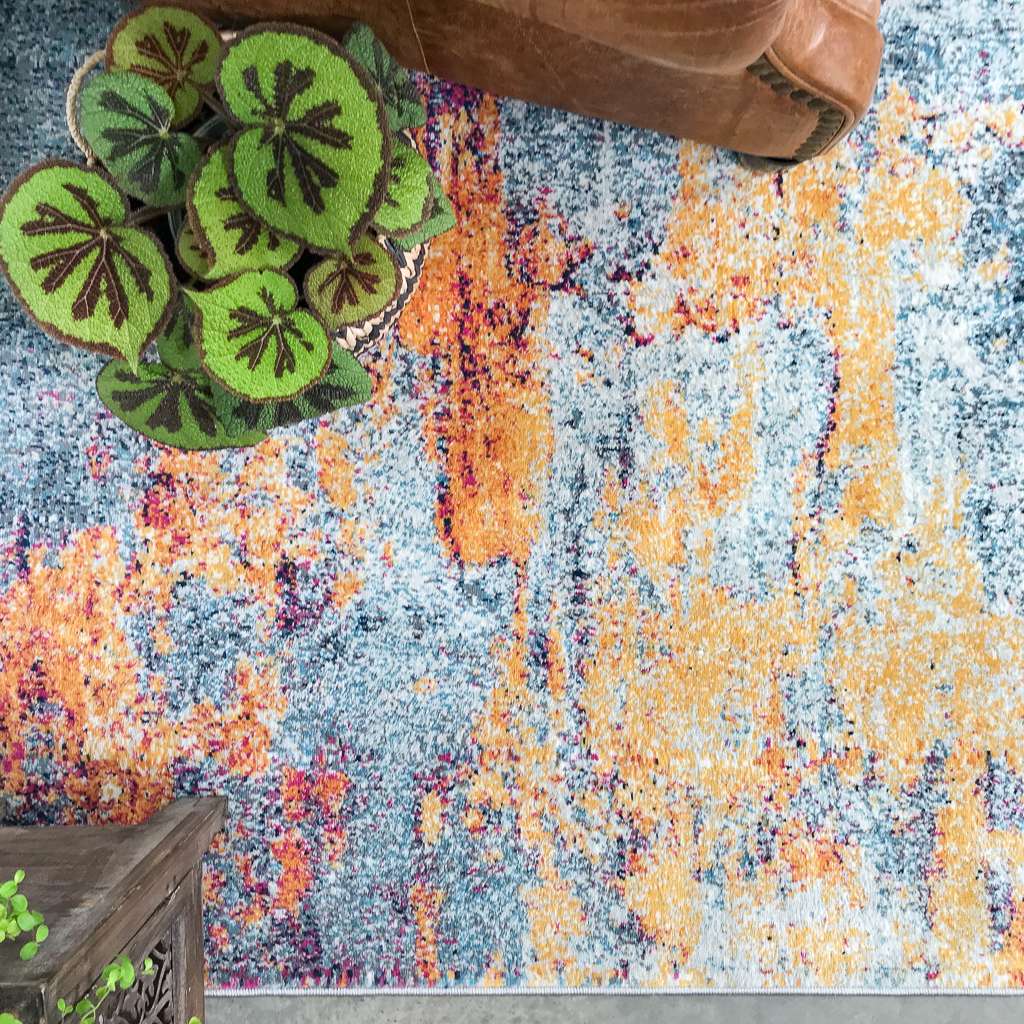 Round Circle Gold Blue Distressed Living Room Rug