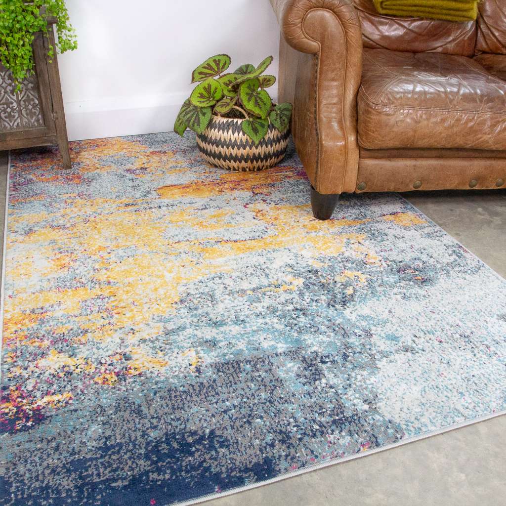Round Circle Gold Blue Distressed Living Room Rug