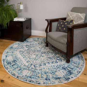 Round Circle Blue Oriental Distressed Vintage Rug