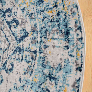 Round Circle Blue Oriental Distressed Vintage Rug