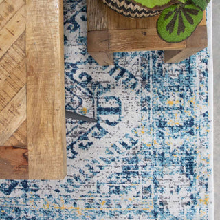 Round Circle Blue Oriental Distressed Vintage Rug