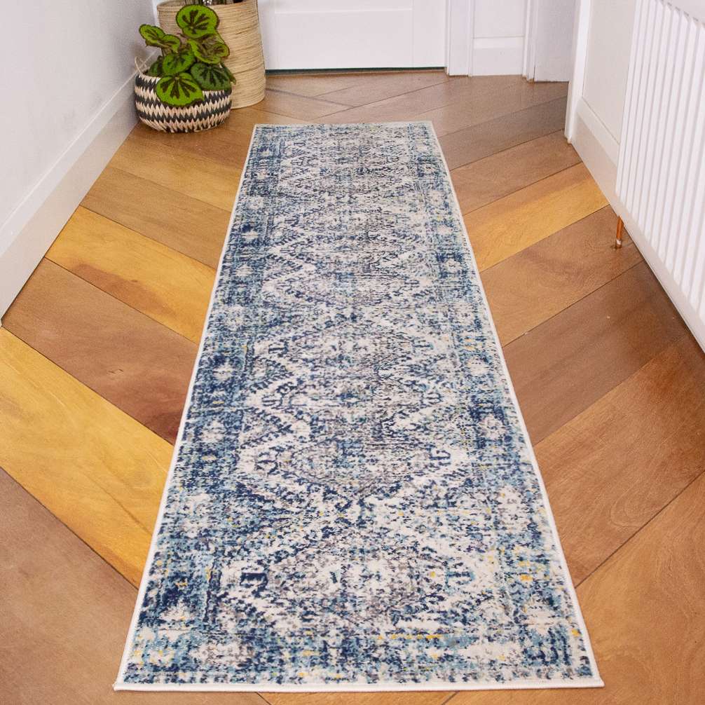 Round Circle Blue Oriental Distressed Vintage Rug