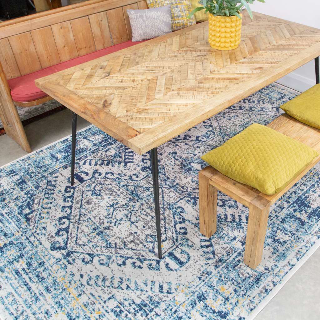 Round Circle Blue Oriental Distressed Vintage Rug