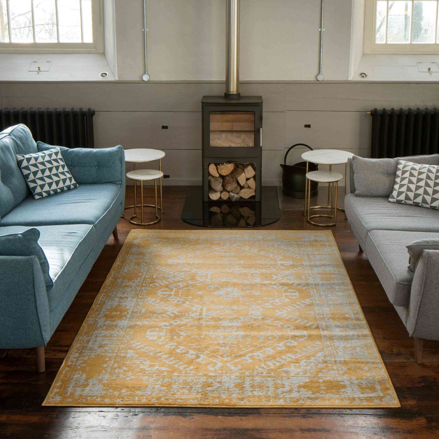 Faded Distressed Yellow Traditional Pattern Rug