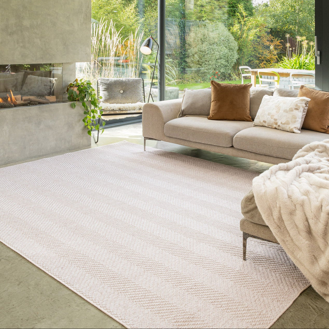 Washable Bobbled Beige Chevron Rug - Kate