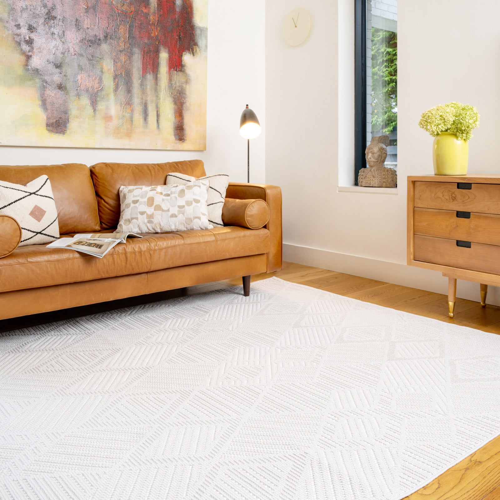 Washable Bobbled Cream Diamond Rug - Leah