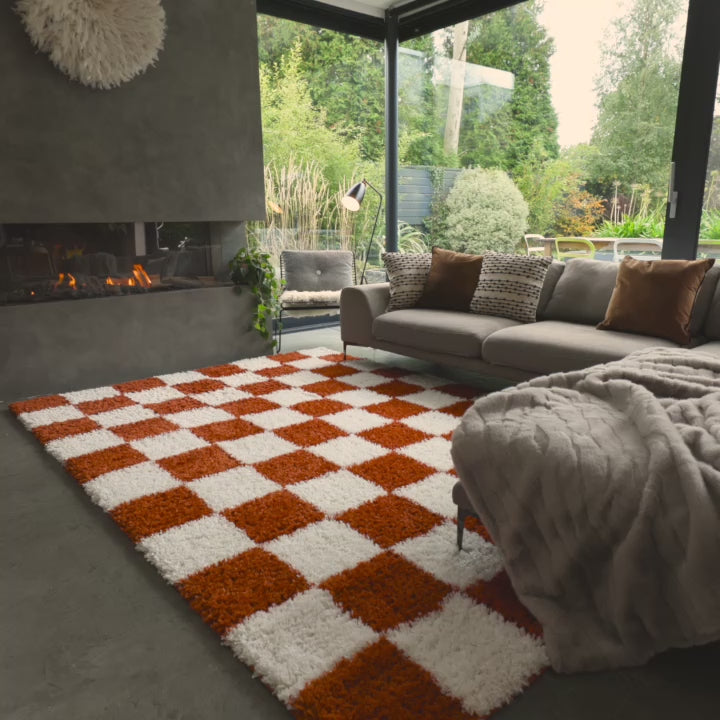 Soft Rust Checkerboard Shaggy Rug - Gigi | Living Room Rugs