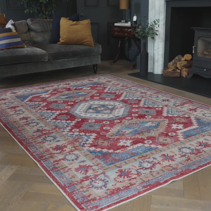 Washable Looped Red Vintage Rug - Anais | Living Room Rugs