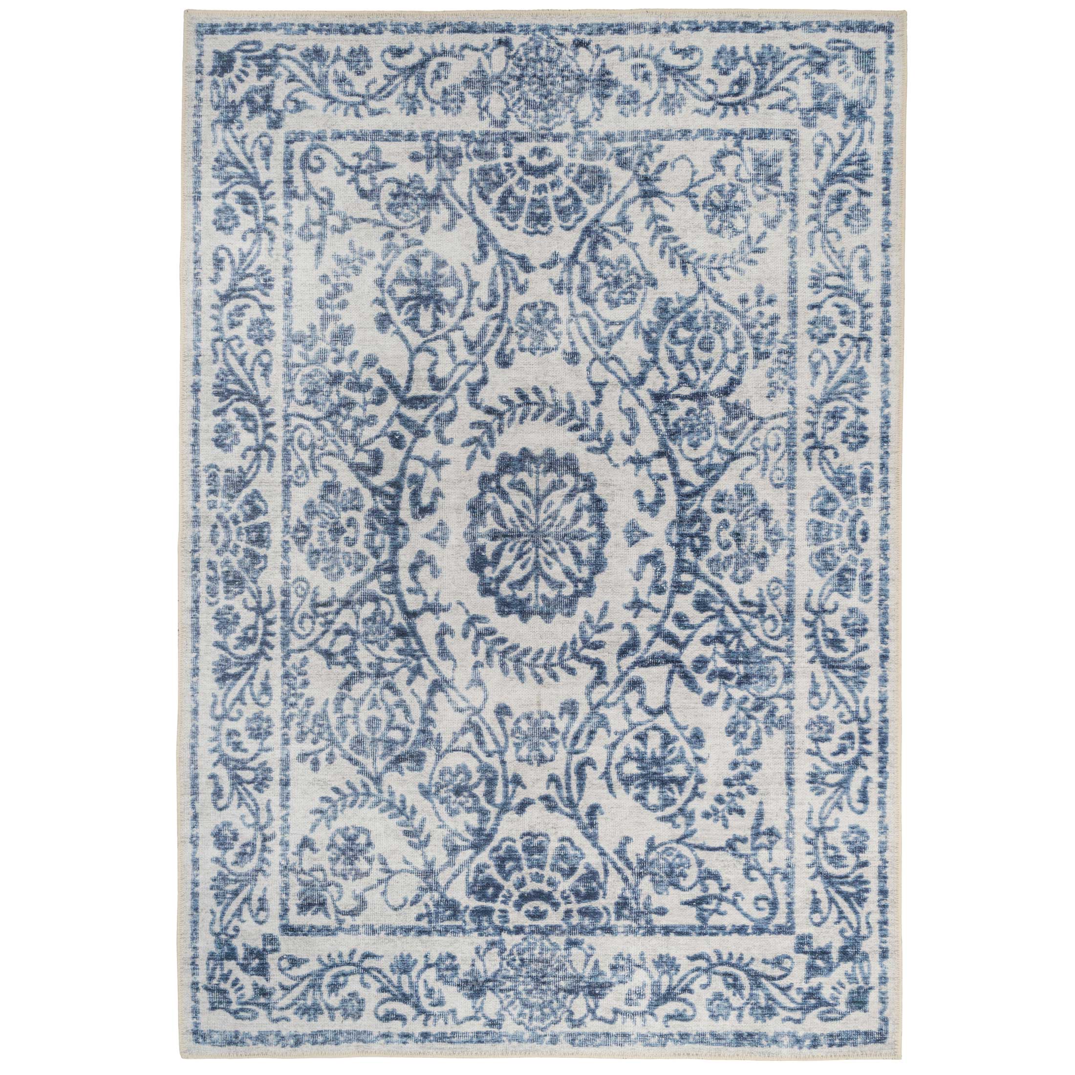 Flatwoven Washable Distressed Blue Damask Rug - Bala | Living Room Rugs ...