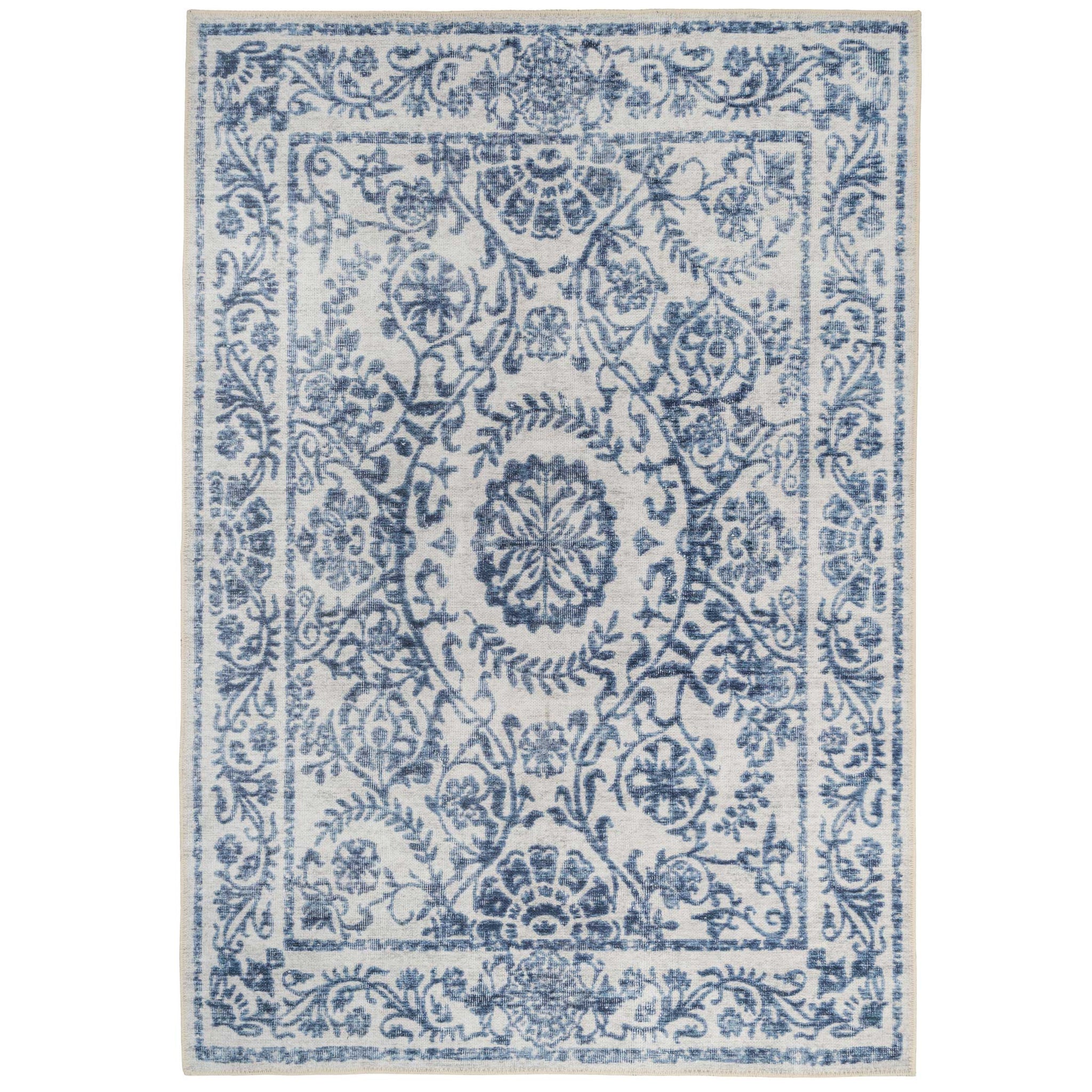 Distressed Blue Damask Washable Rug