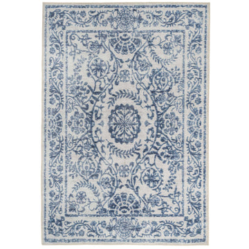 Distressed Blue Damask Washable Rug