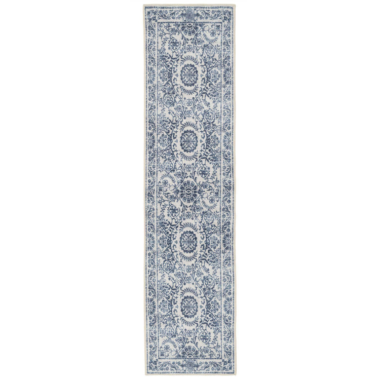 Distressed Blue Damask Washable Rug