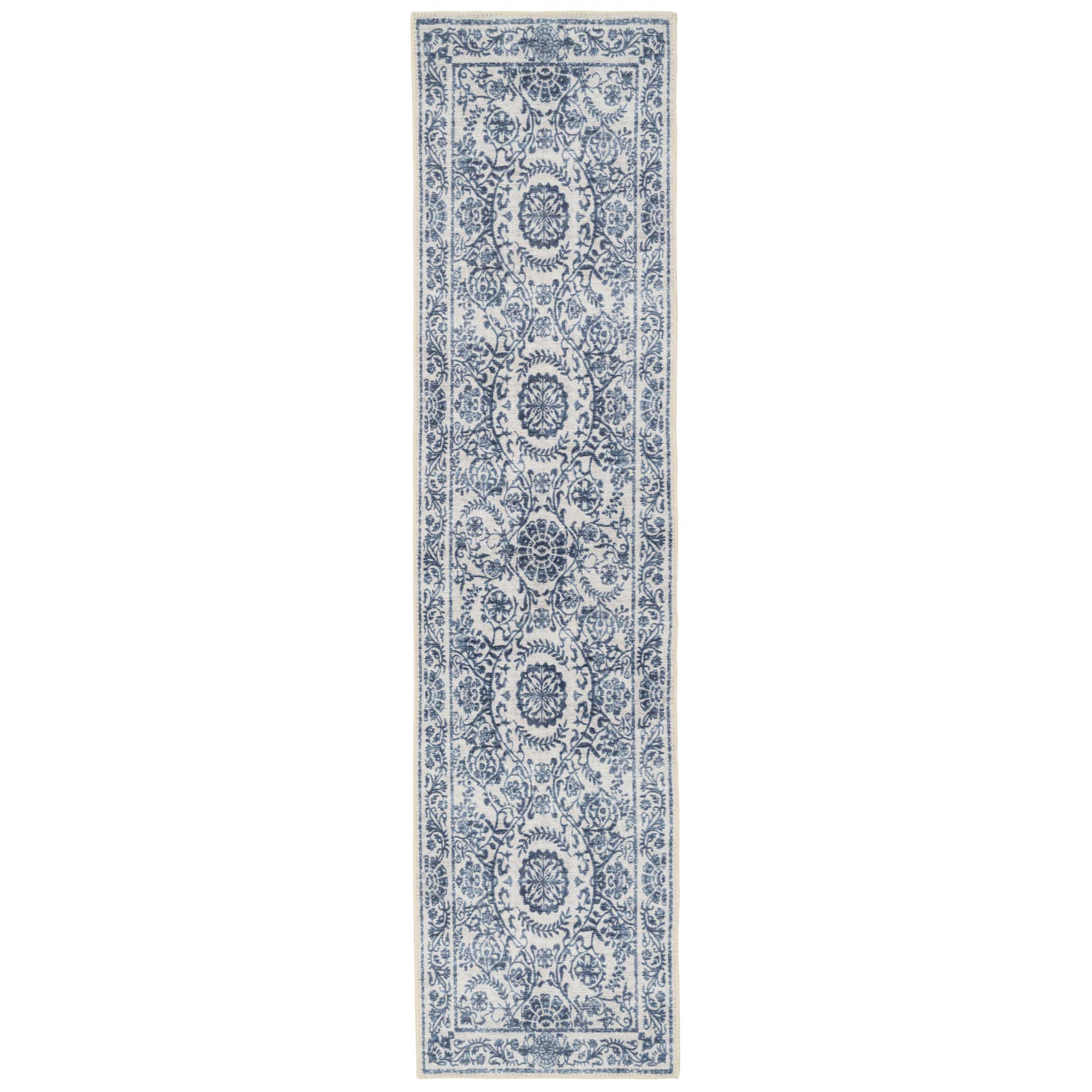 Flatwoven Washable Distressed Blue Damask Runner - Bala | Runner Rugs ...