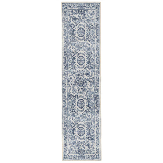 Distressed Blue Damask Washable Runner Rug