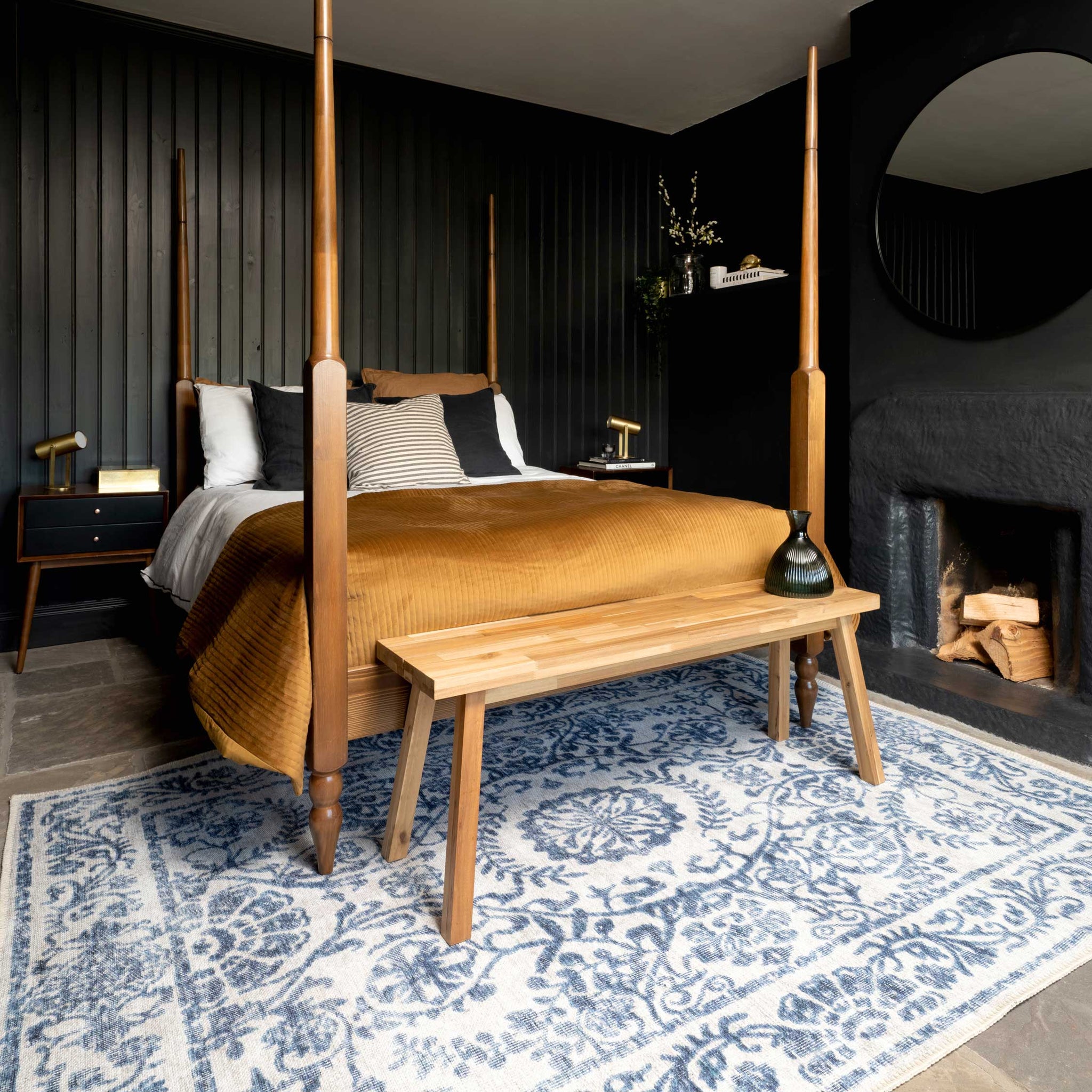 Distressed Blue Damask Washable Rug