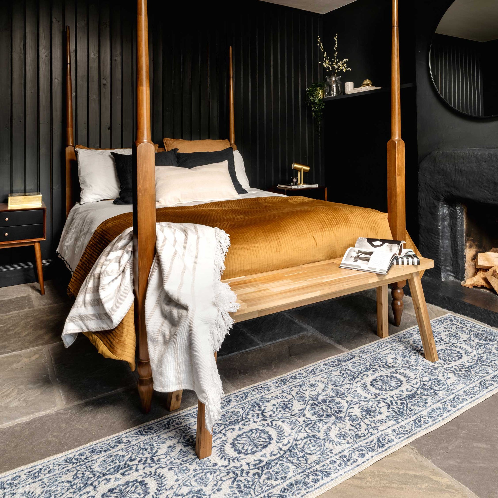 Distressed Blue Damask Washable Rug